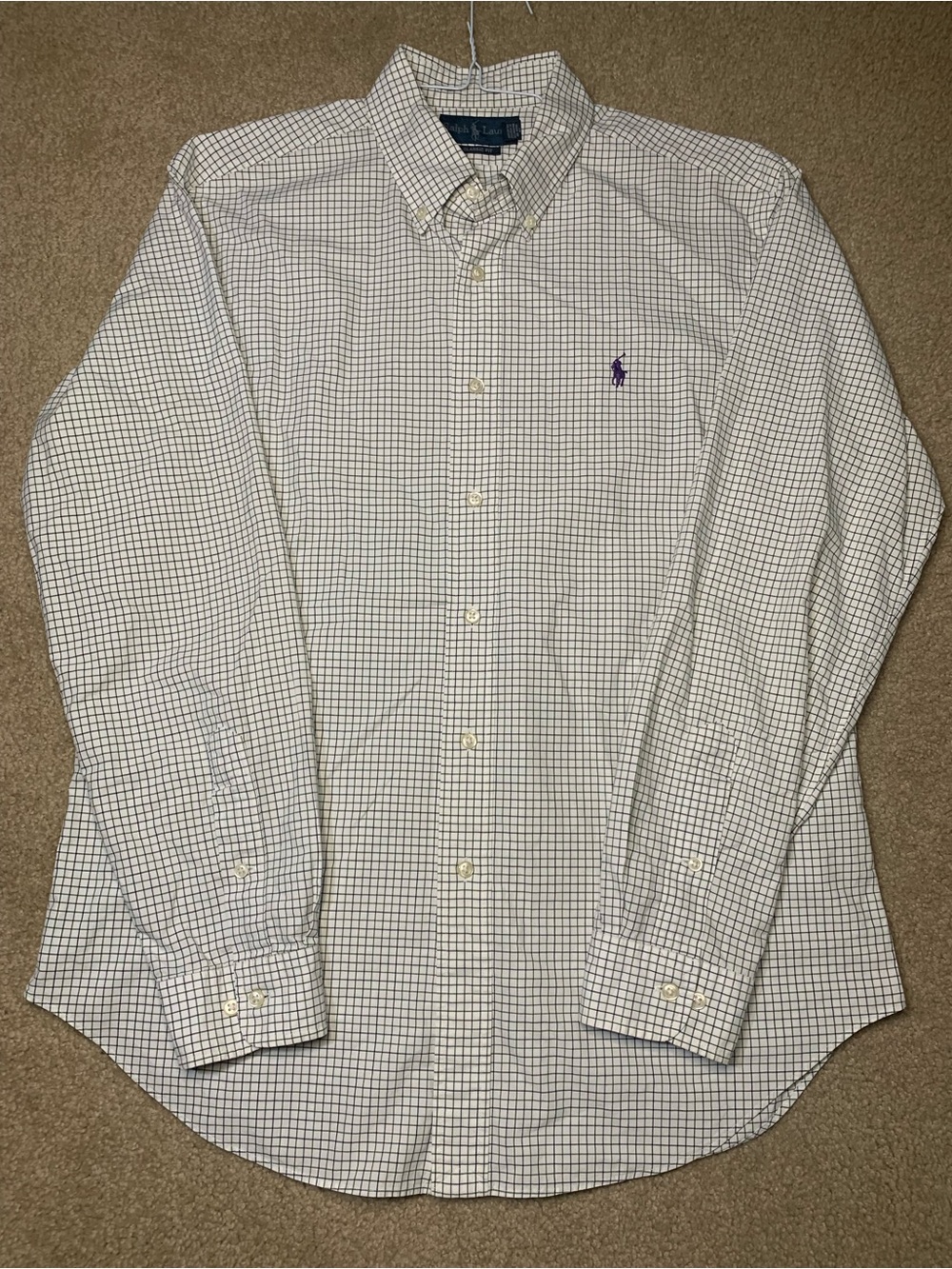 Ralph Lauren Men's White Button-Down Shirt with Navy Grid Size 16 34/35